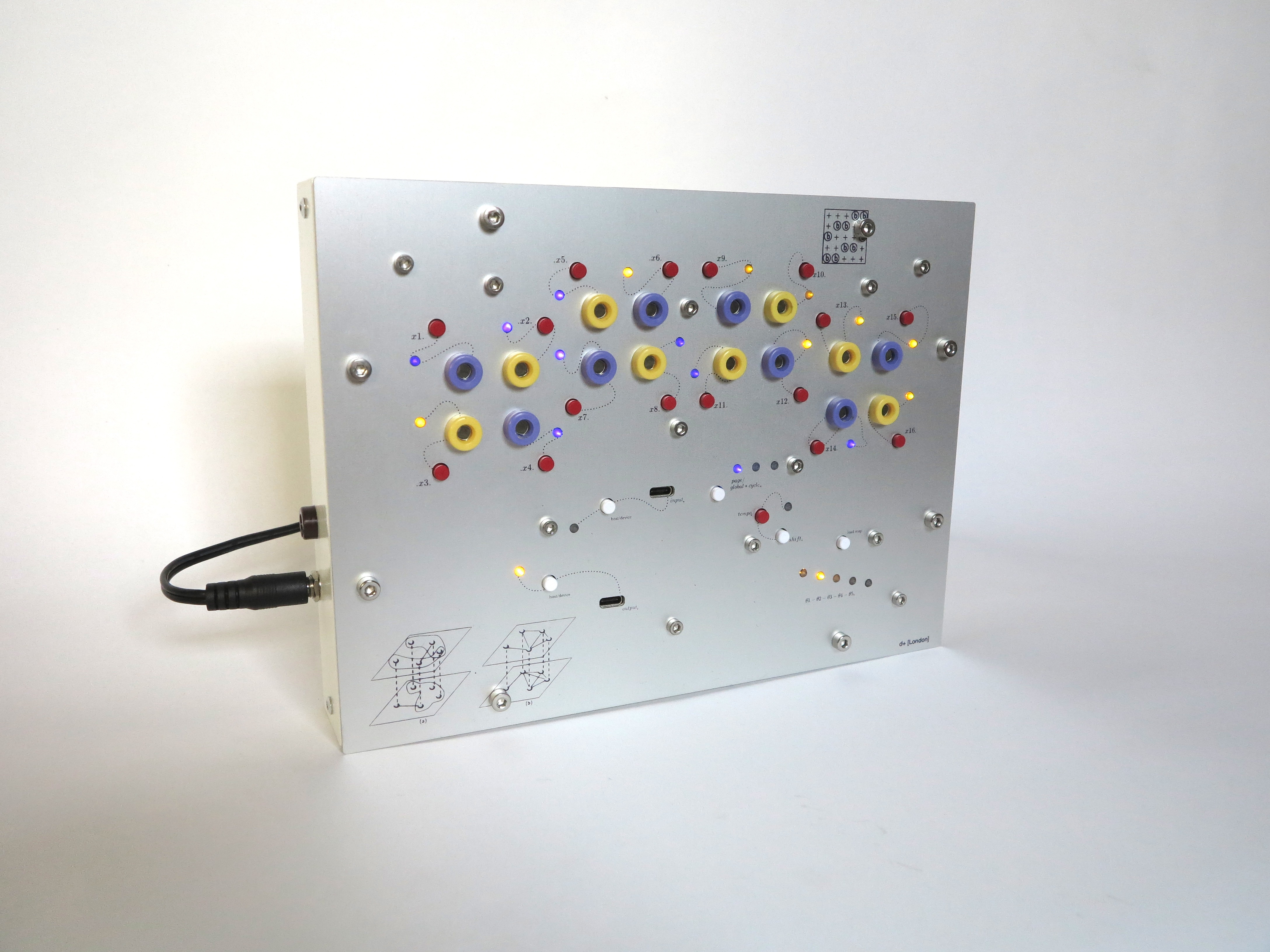arc*B synthesizer with a silver faceplate, purple and yellow patch sockets and illuminated indicators
